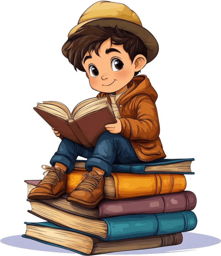 مستكشف صغير يقرأ فوق كومة كتب