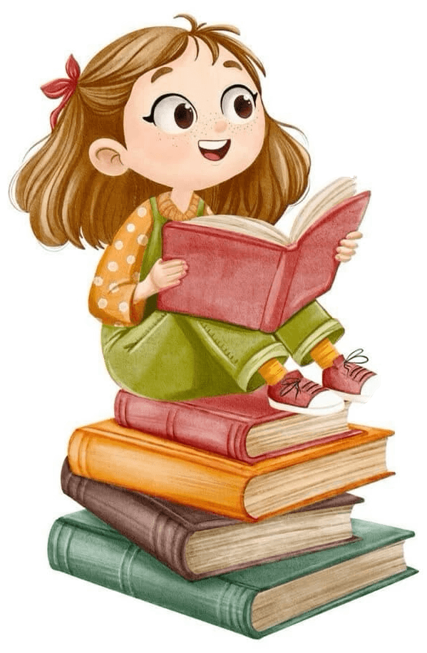 طفلة تقرأ كتابًا أحمر فوق كومة كتب ملونة